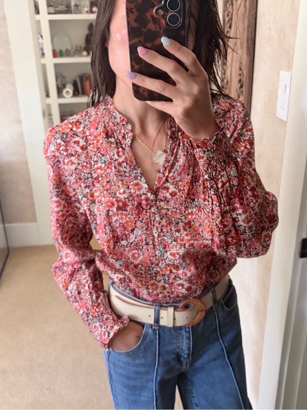 Talbots Pink Floral Ruffle-Neck Long Sleeve Blouse